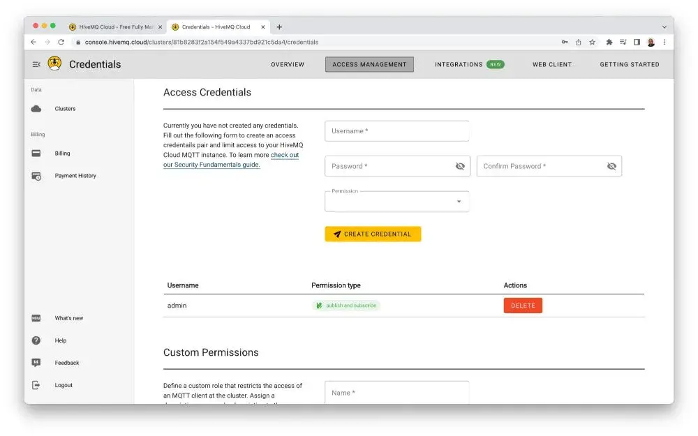 MQTT broker access credentials