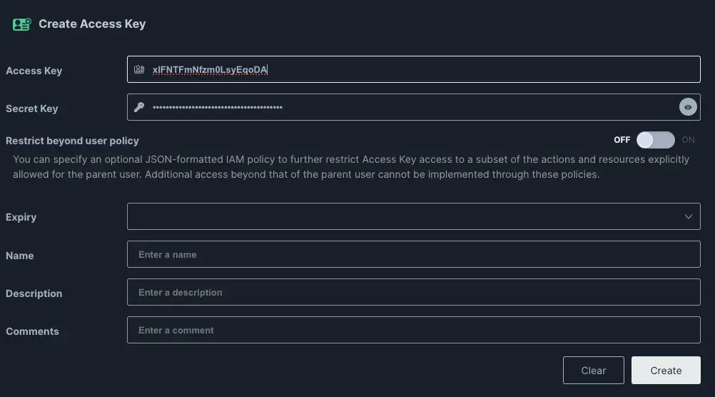 Create Access Key on Minio Object Store