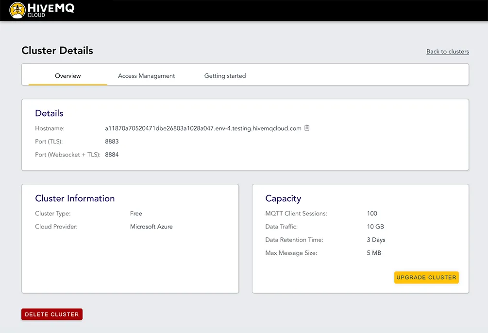 HiveMQ Cloud Cluster Details Overview