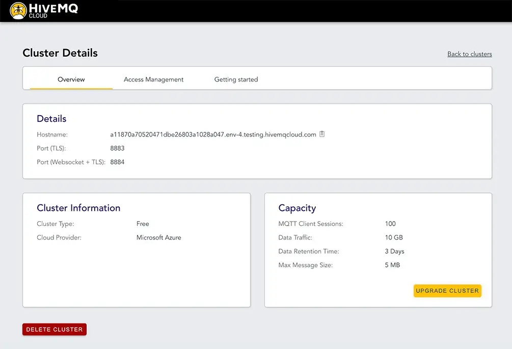 HiveMQ Cloud Cluster Details Overview