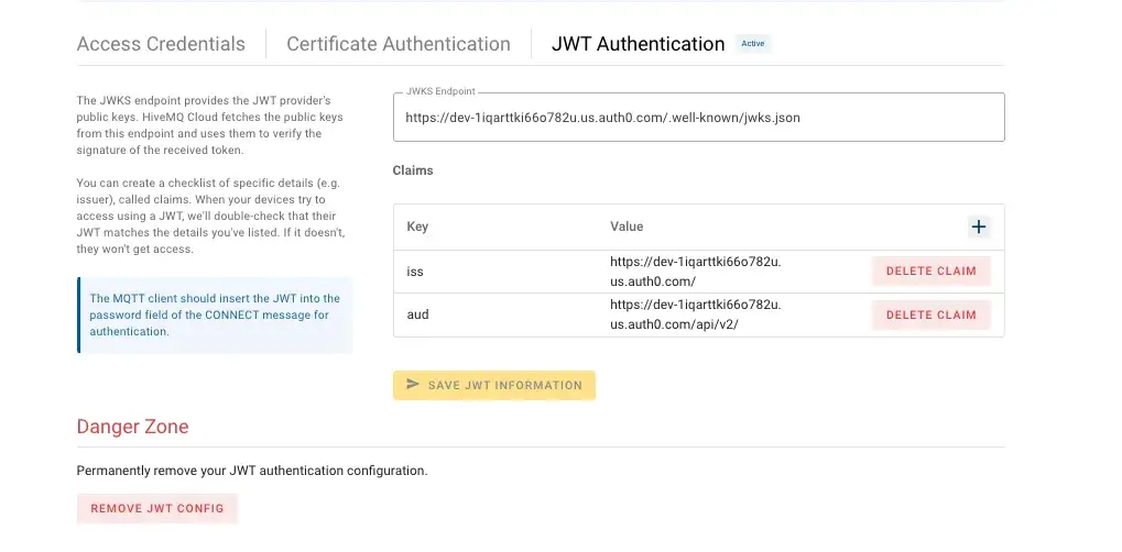 JWT Authentication inside of HiveMQ Cloud