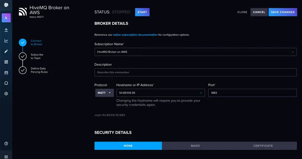 InfluxDB Cloud Native Collectors’ user interface to add Broker details
