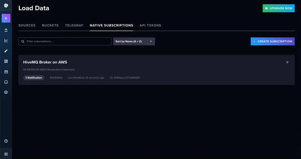 InfluxDB Cloud Native Collectors’ user interface to load MQTT data