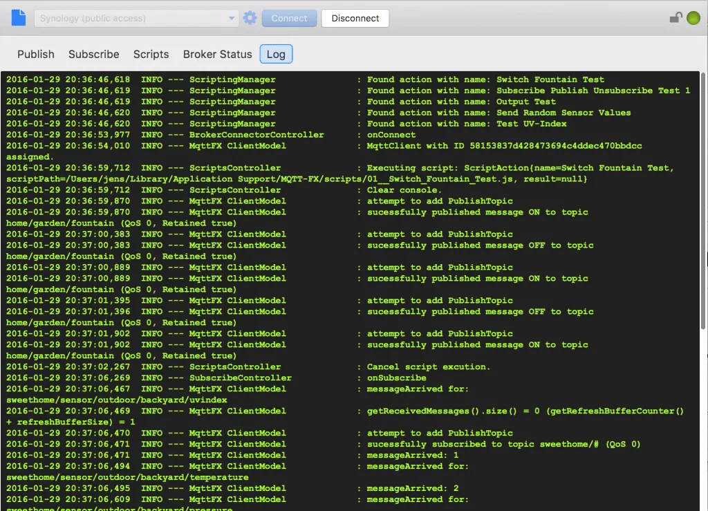 MQTT.fx Log Tab