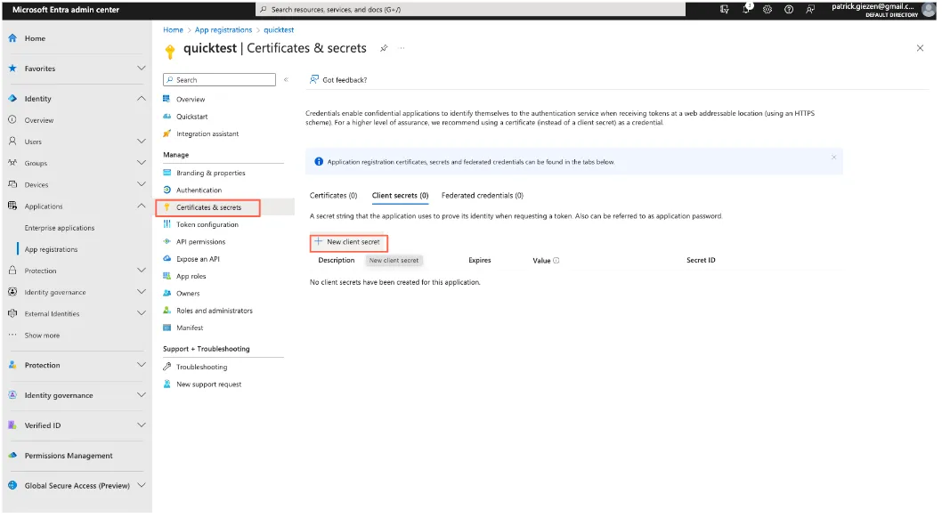Adding certificates and secrets on Microsoft Entra
