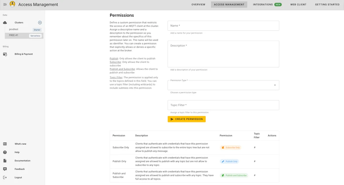 HiveMQ Cloud Serverless Access Management's Permission dashboard