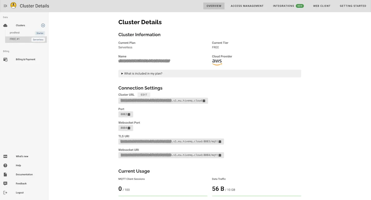 HiveMQ Cloud Serverless Cluster Details Overview