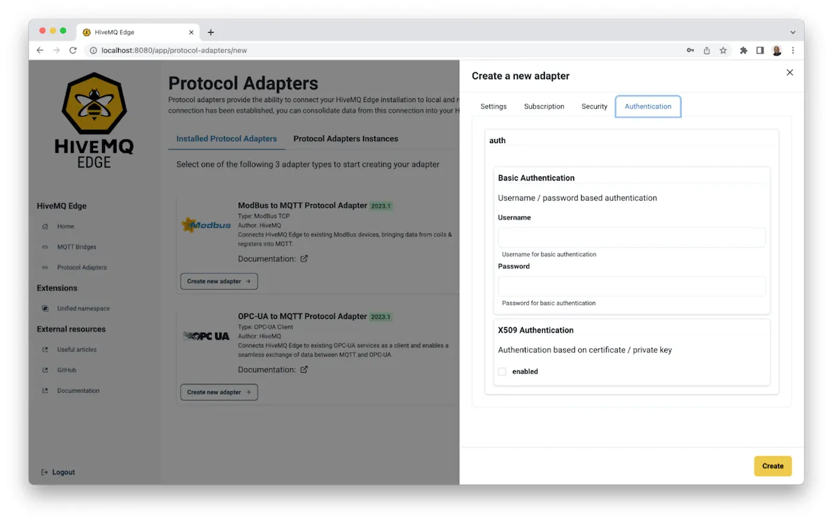 input your OPC-UA server’s authentication information