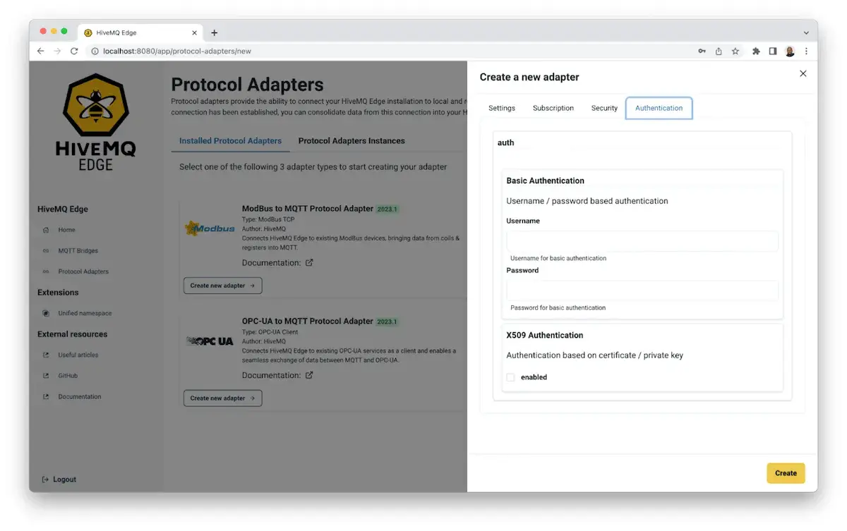 input your OPC-UA server’s authentication information