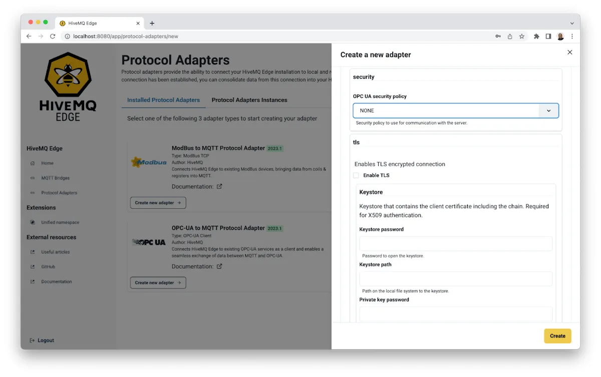 enter your OPC-UA server’s security information