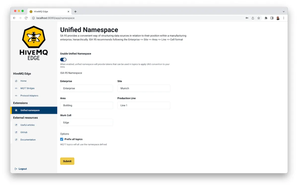use the provided fields to publish your HiveMQ Edge data to an MQTT topic namespace