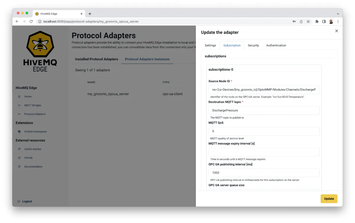 specify the Destination MQTT Topic, i.e., the topic on the local HiveMQ Edge broker