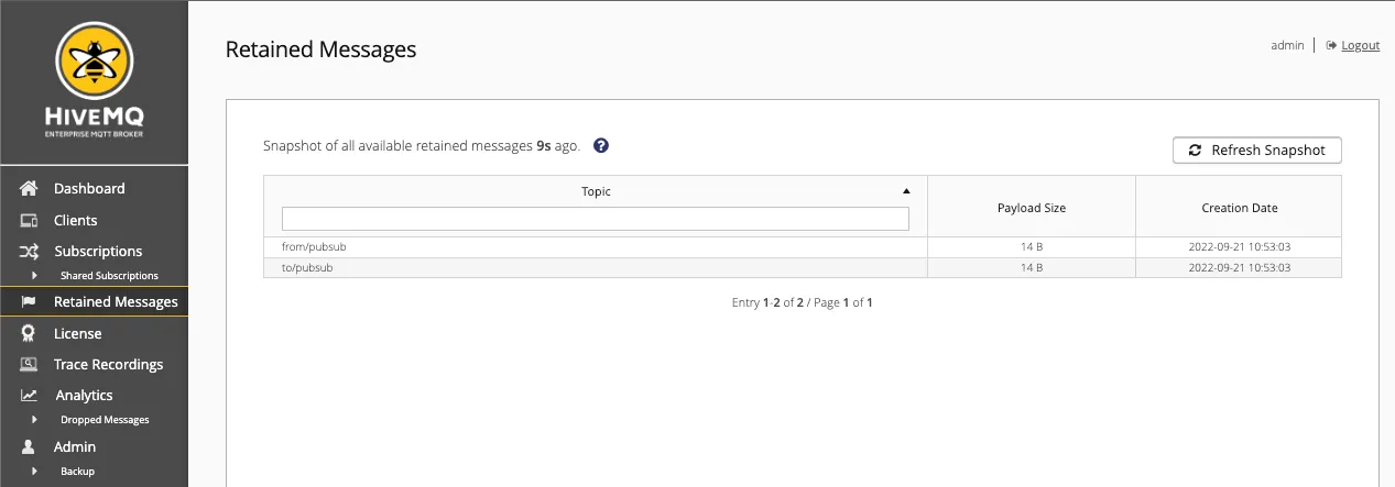 Checking your retained messages in the HiveMQ Control Center