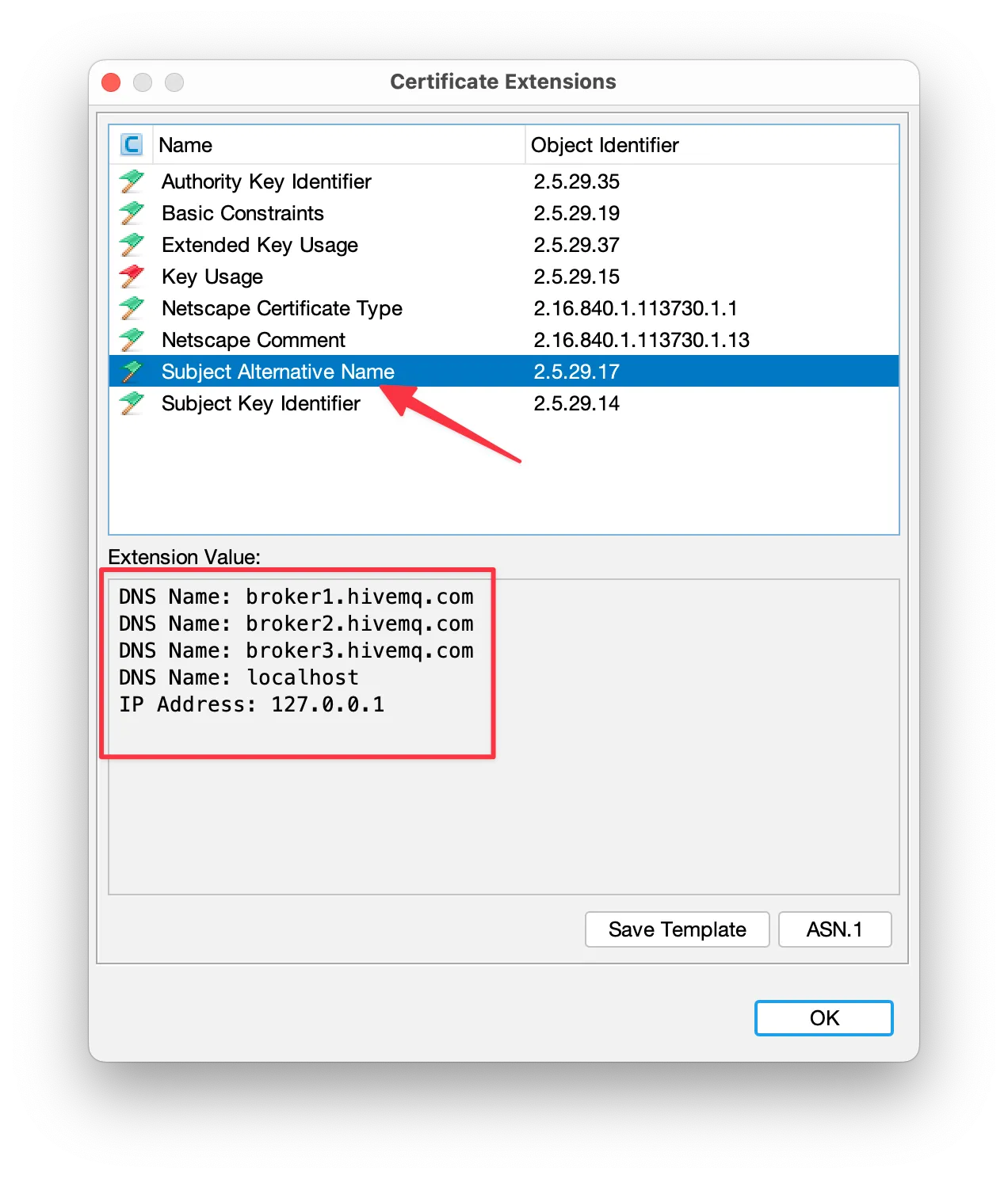 isualizing certificate hierarchy in KeyStore Explorer and the SAN extension.