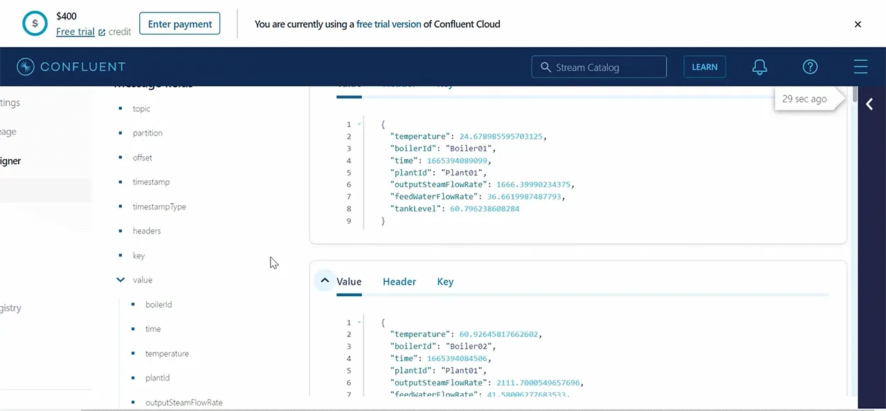 This is the screen that shows MQTT data reception on Confluent Cloud