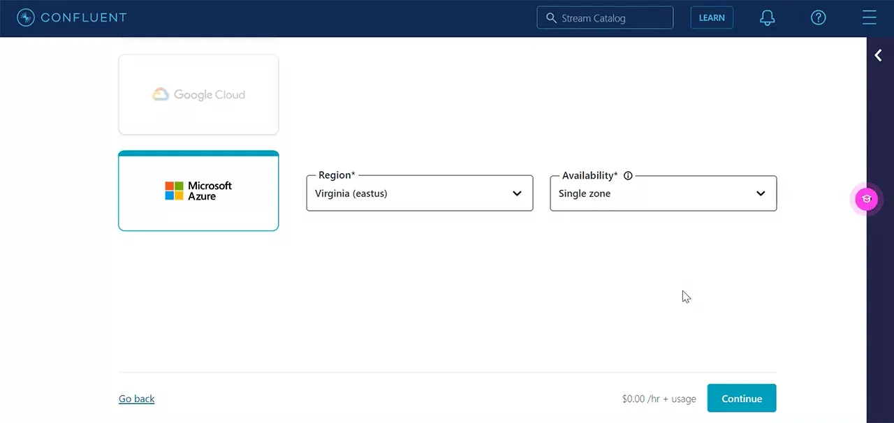 This is the screen that shows cloud platform and region for cluster deployment