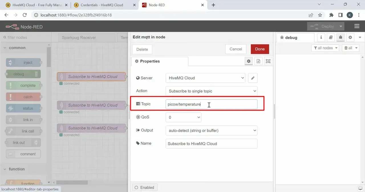Subscribing to Sensor data on Node-Red