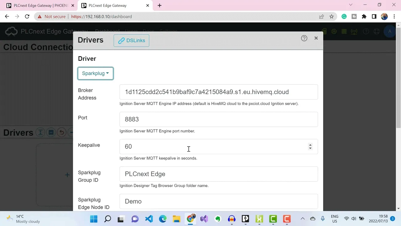Sparkplug details which include the broker URL address, its credentials and the Sparkplug topic namespace.