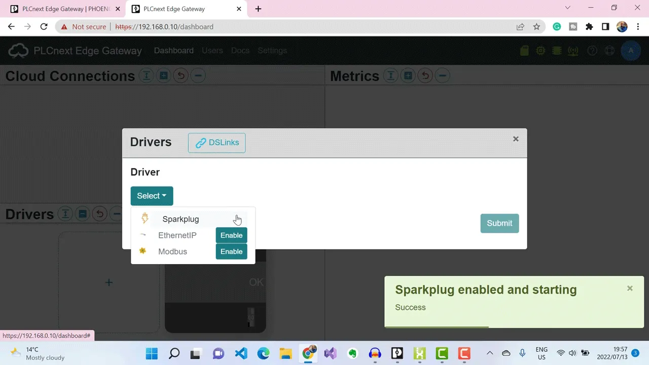 Sparkplug details which include the broker URL address, its credentials and the Sparkplug topic namespace.
