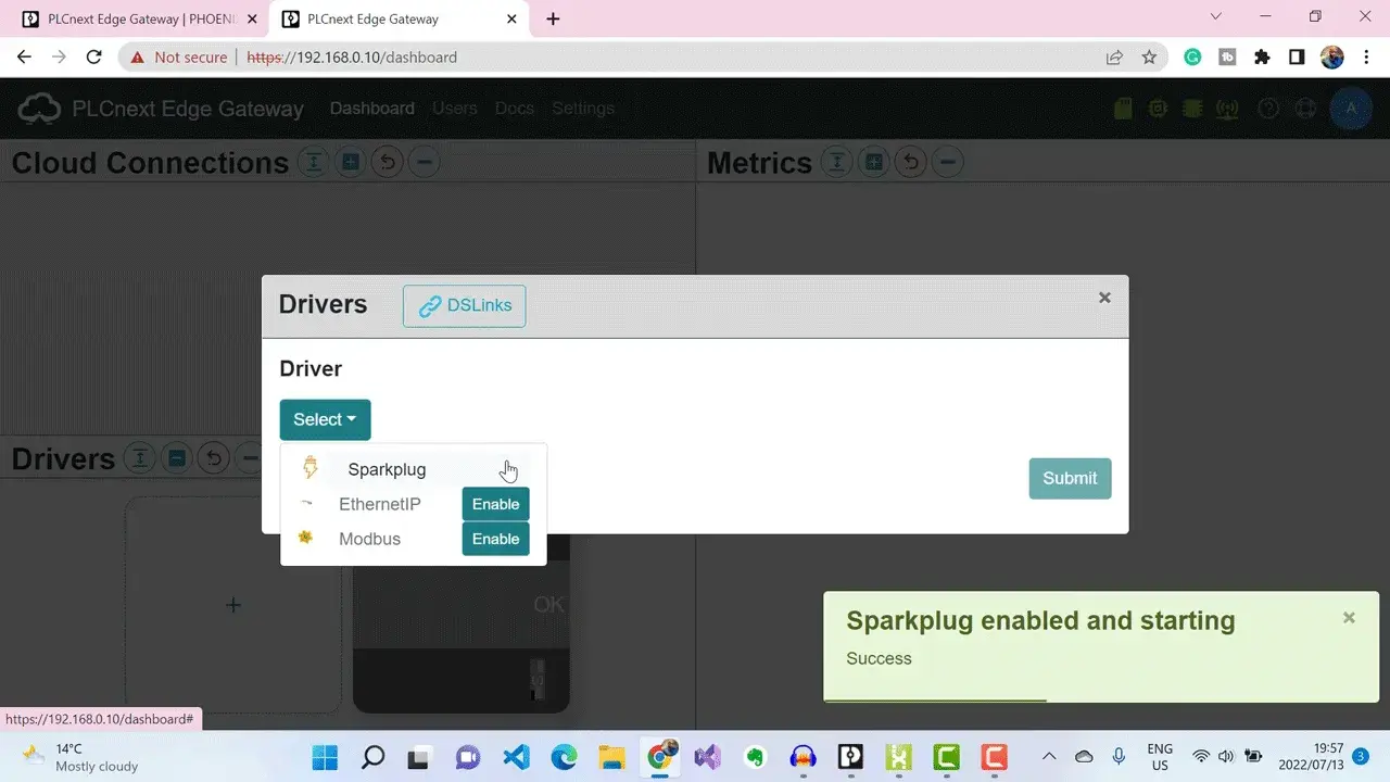 Sparkplug details which include the broker URL address, its credentials and the Sparkplug topic namespace.