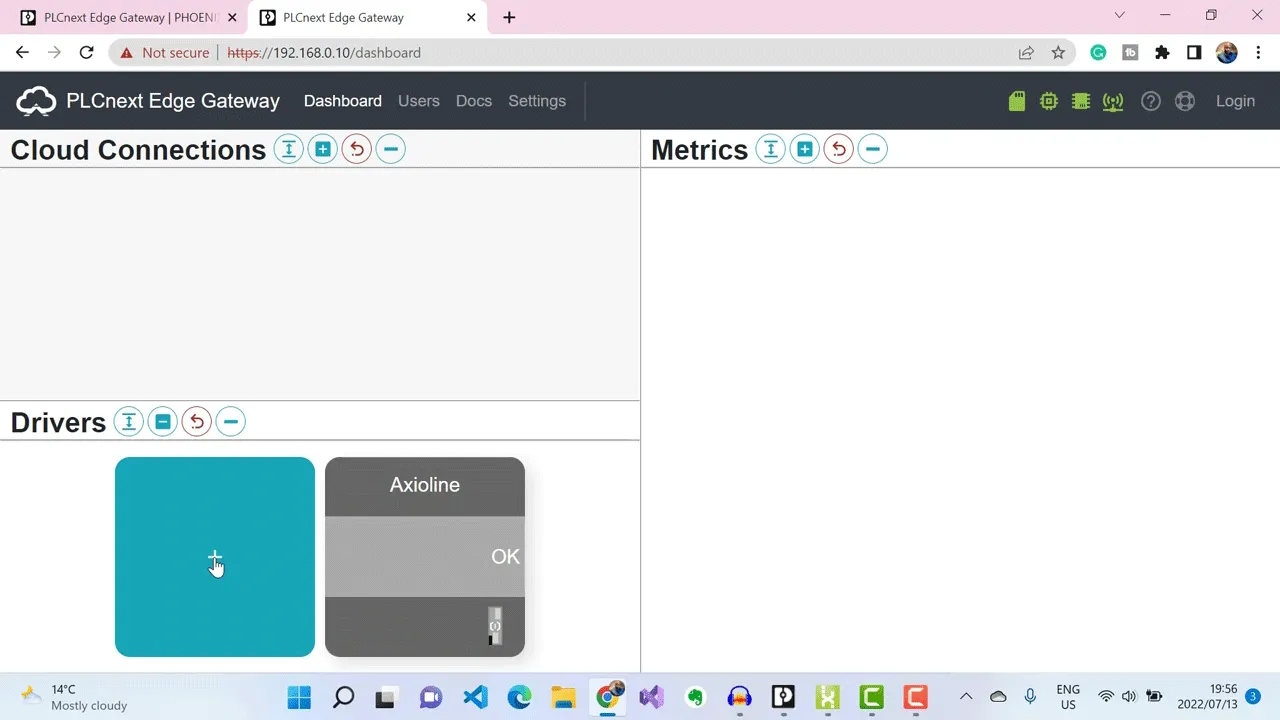 Entering the IP address of the controller to access my PLCnext Edge Gateway interface.