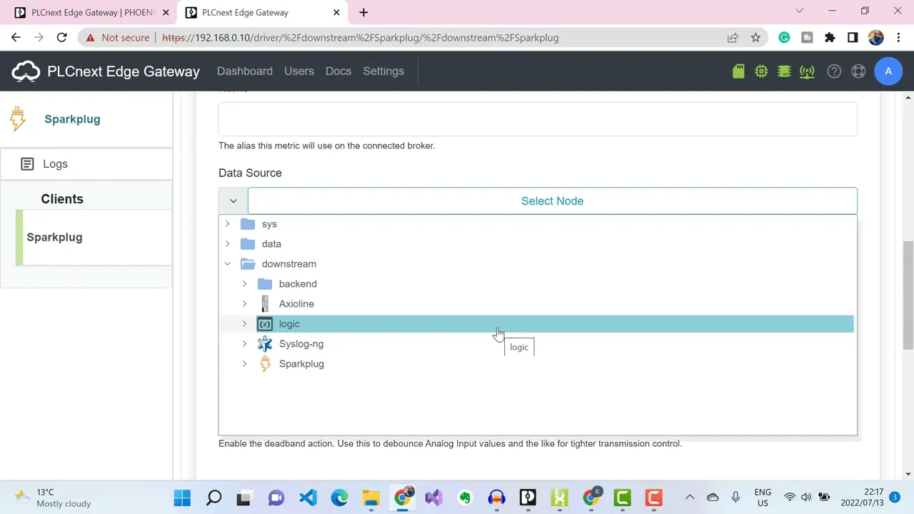 Selecting the Data Source on PLCnext Edge Gateway