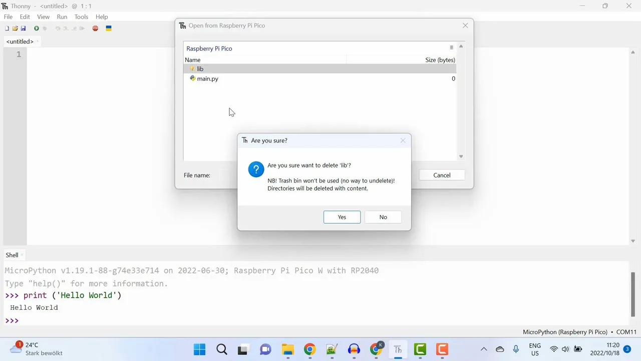 MicroPython to navigate to your Pico W file directory and detele a folder called lib