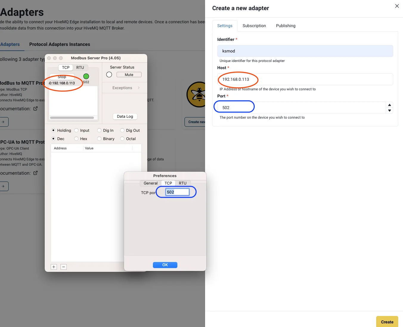 Setting up the Modbus-TCP Adapter