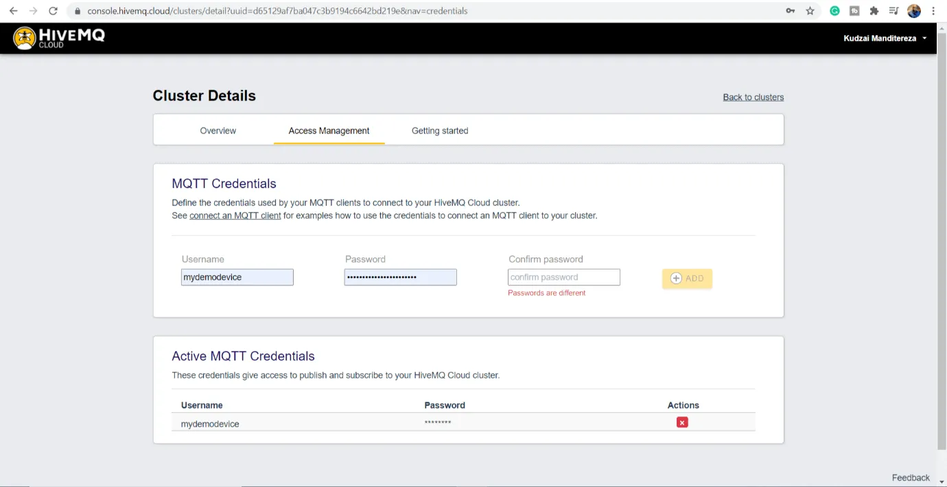 HiveMQ Cloud Access Management Tab