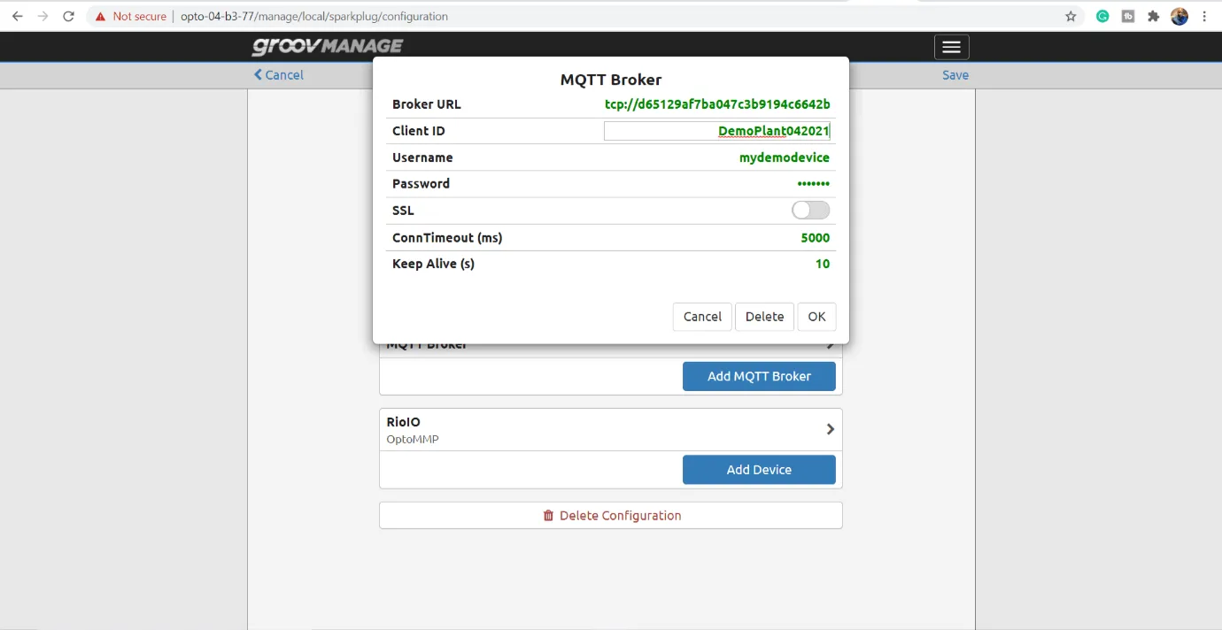 Groovmanage MQTT Broker Details