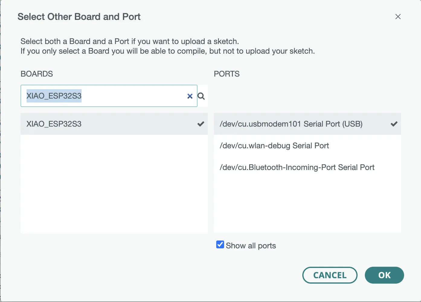 Connect the XIAO ESP32 to your computer via USB and configure it in the Arduino IDE