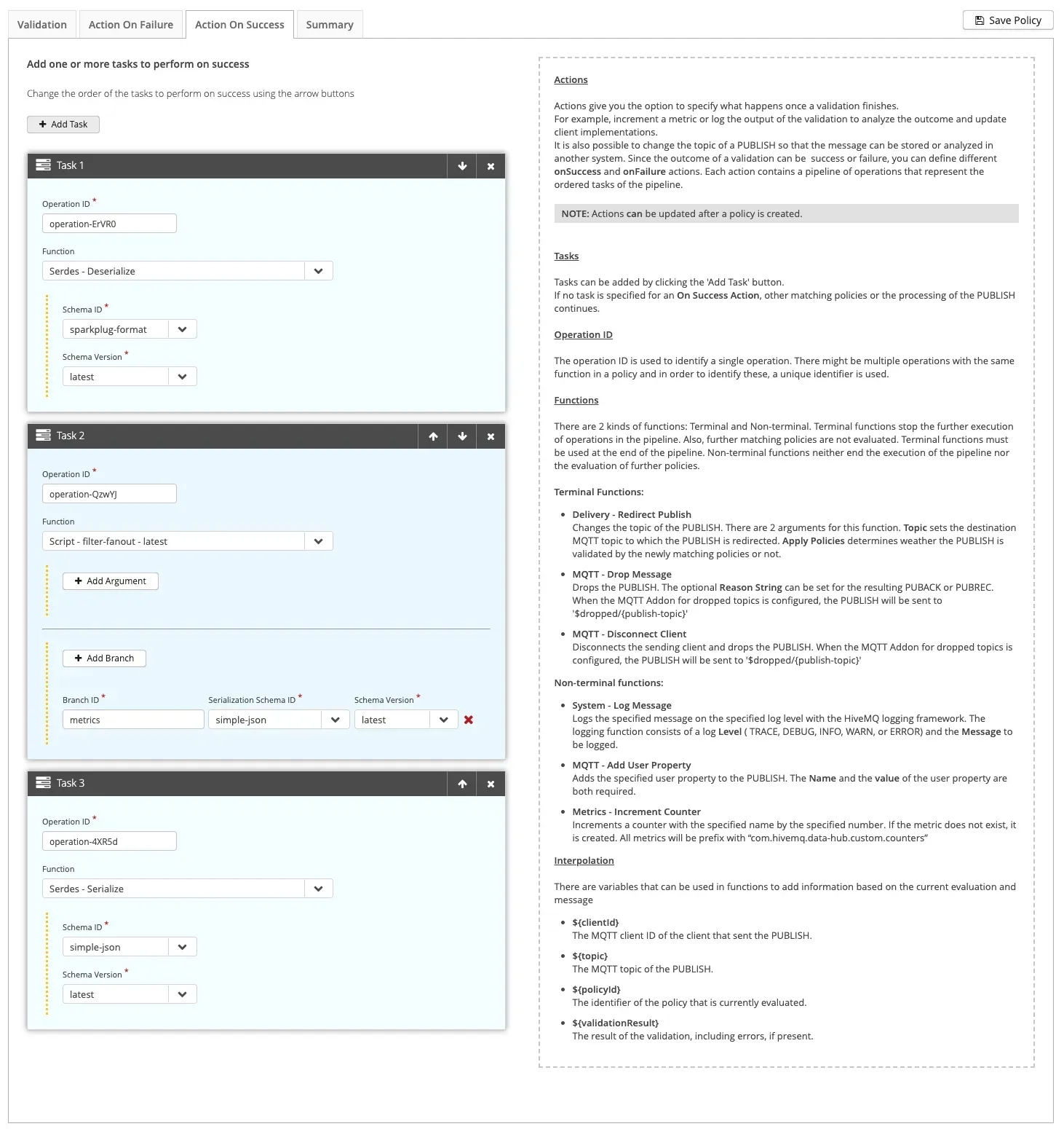 Action On Success page for the data policy in the Control Center Action On Success page for the data policy in the Control Center