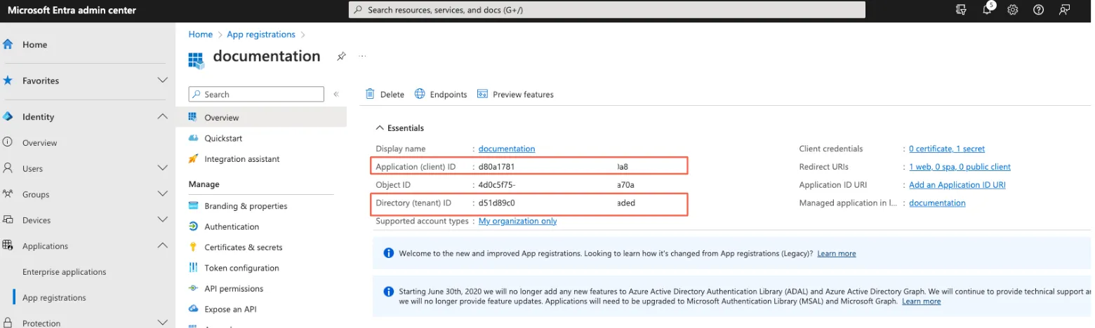 Copying Application client ID and Directory Tenant ID on Microsoft Entra