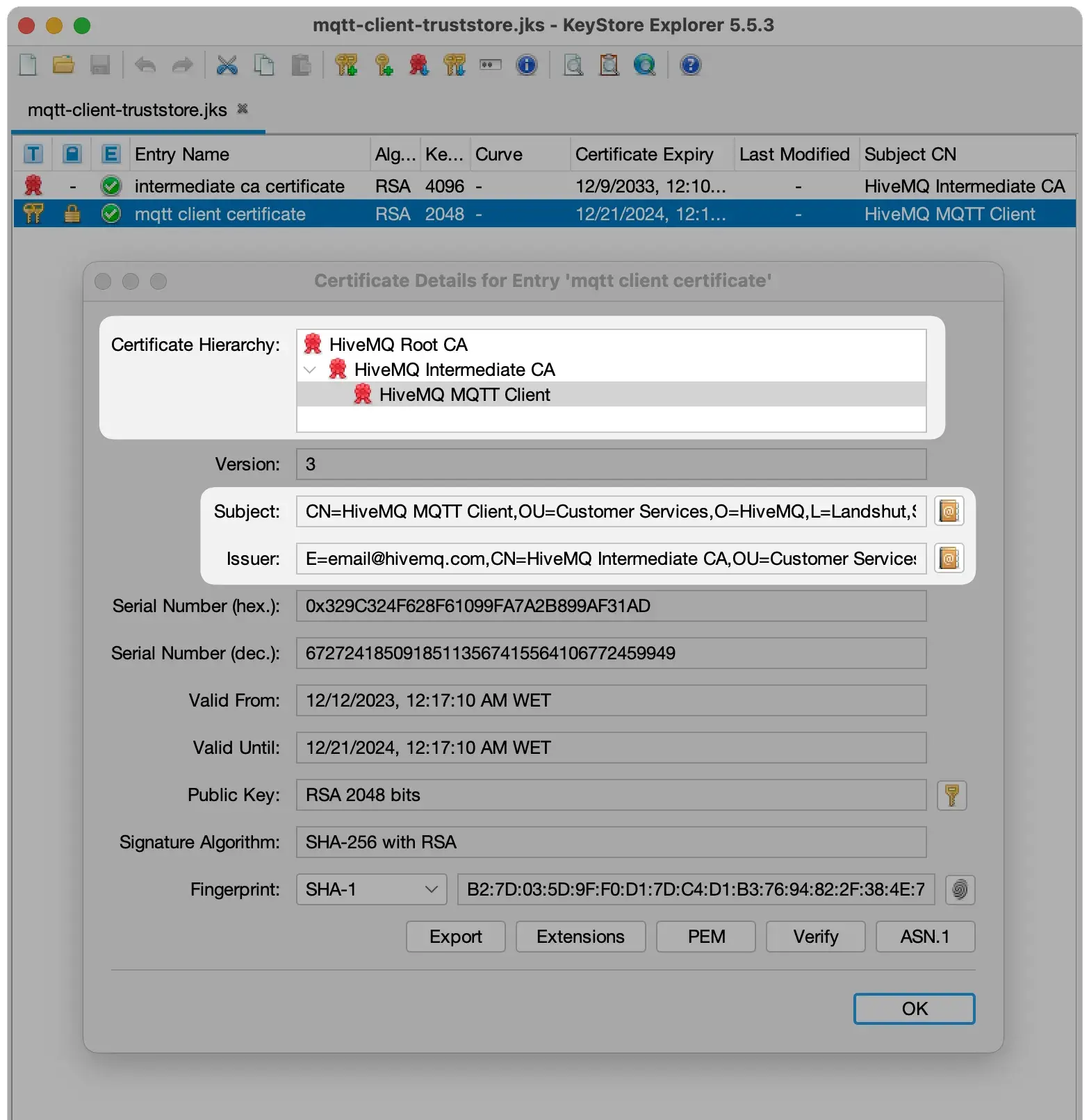 isualizing certificate hierarchy in KeyStore Explorer and the SAN extension.