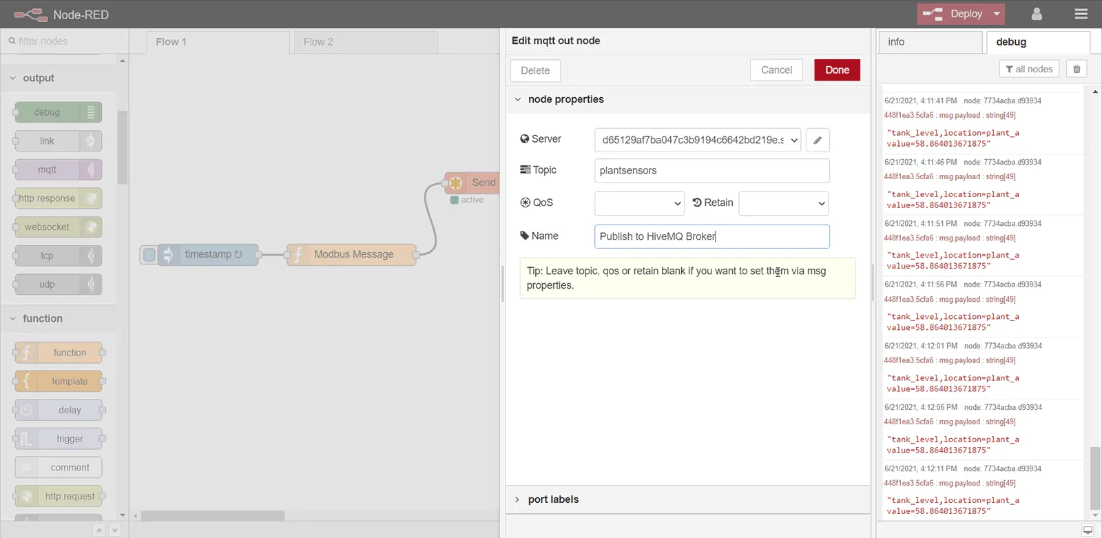 Use plantsensors for the MQTT topic using mqtt out node