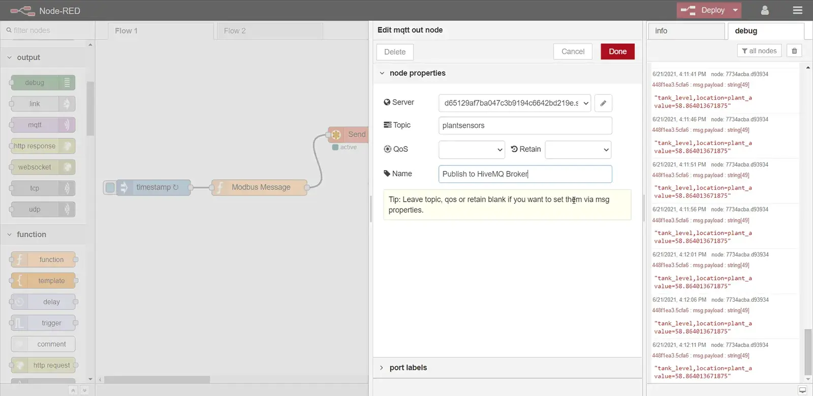 Use plantsensors for the MQTT topic using mqtt out node