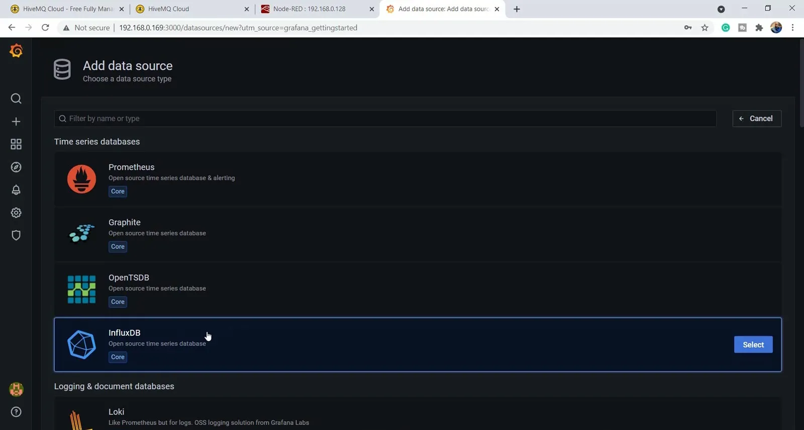 Select the Influxdb time-series database