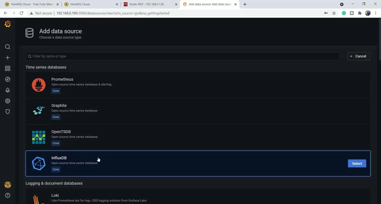 Select the Influxdb time-series database