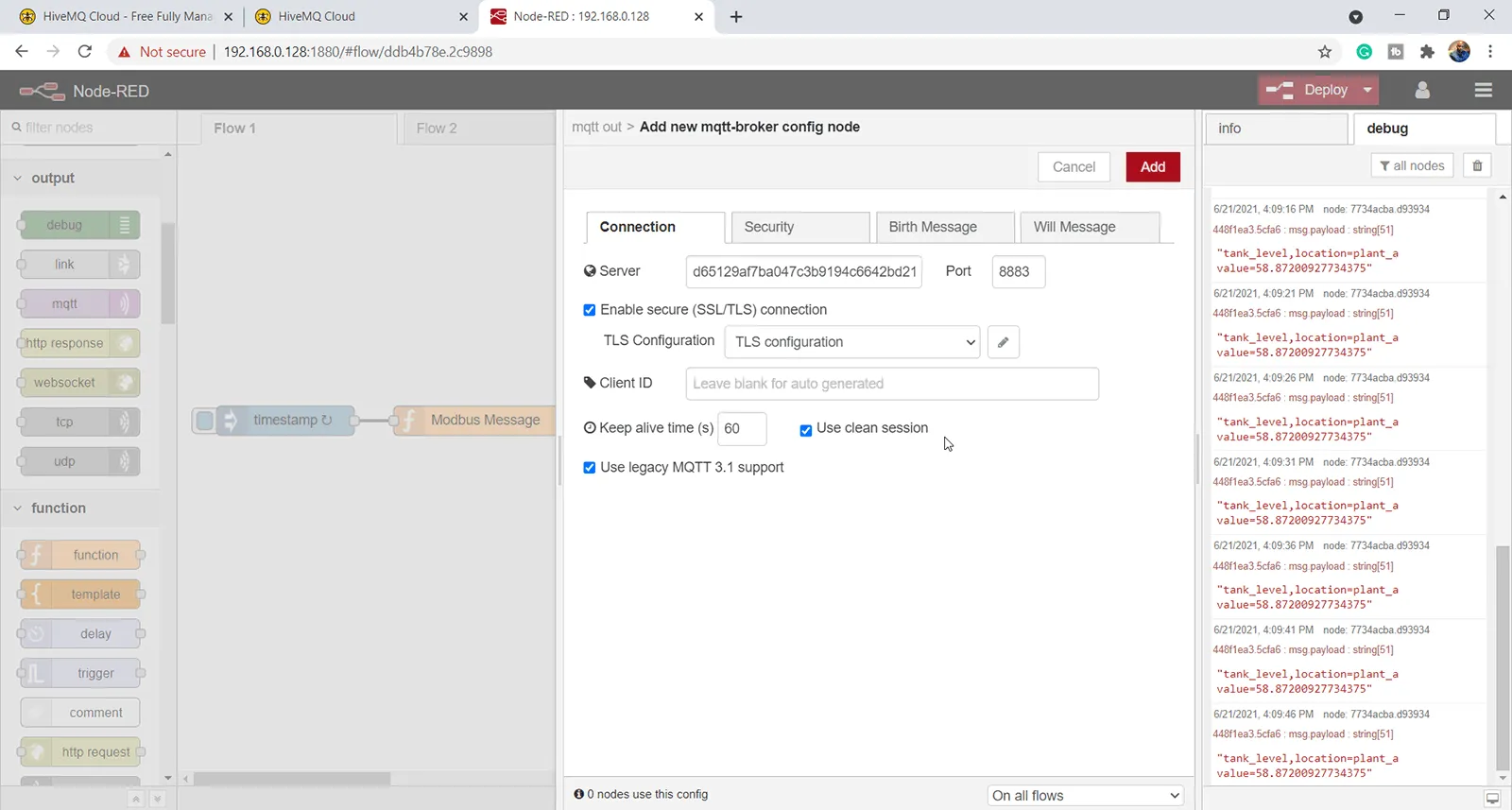 Under security, input my MQTT client username and password as set on the portal