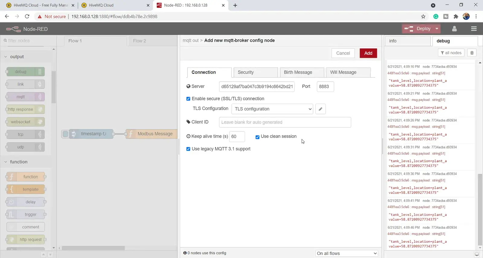 Under security, input my MQTT client username and password as set on the portal