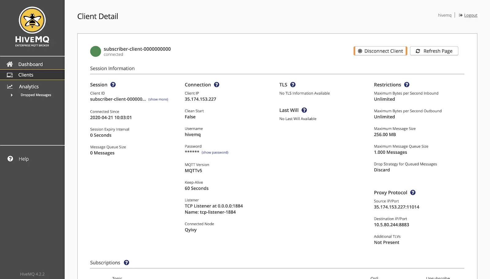 Snapshot of an MQTT Client session in the Control Center