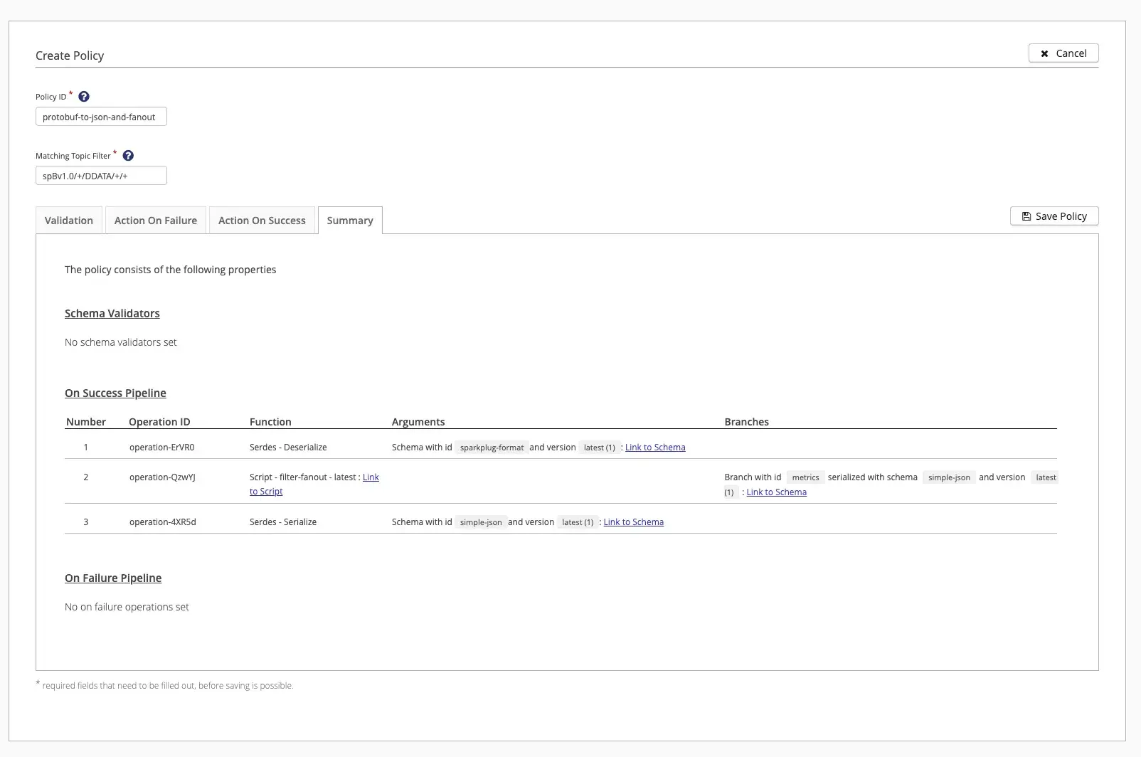 Summary page of the data policy in the Control Center