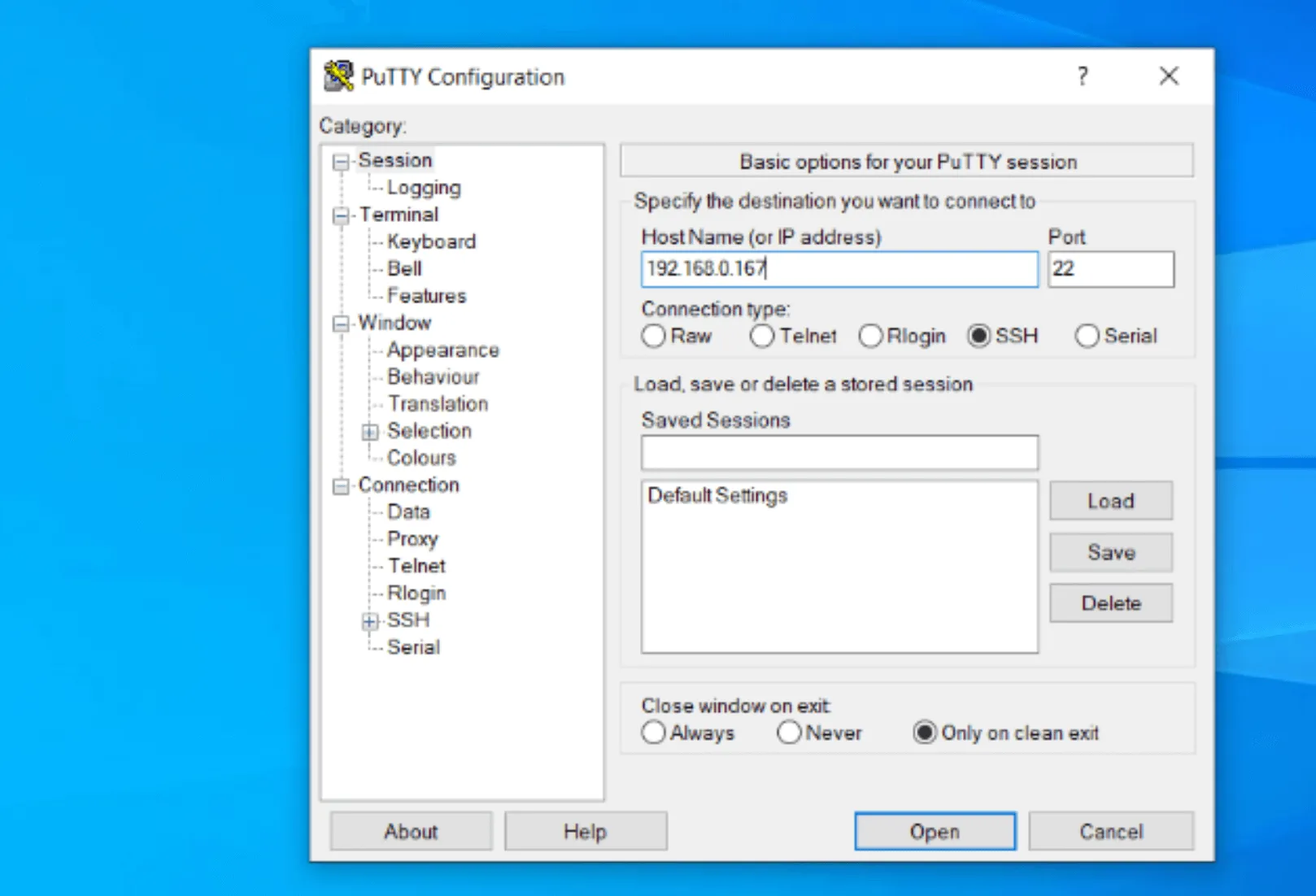 IP address of the Raspberry Pi in the_ PuTTY Configuration_