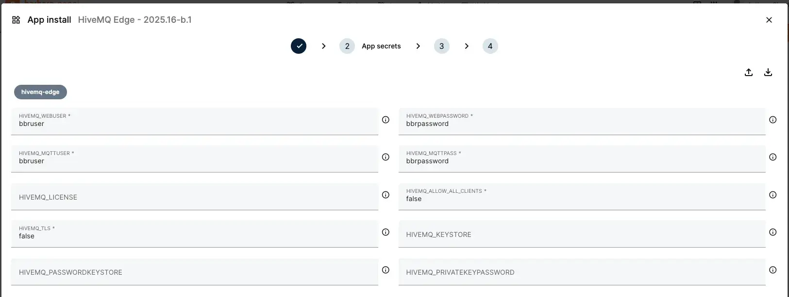 Configuring application secret properties on Barbara