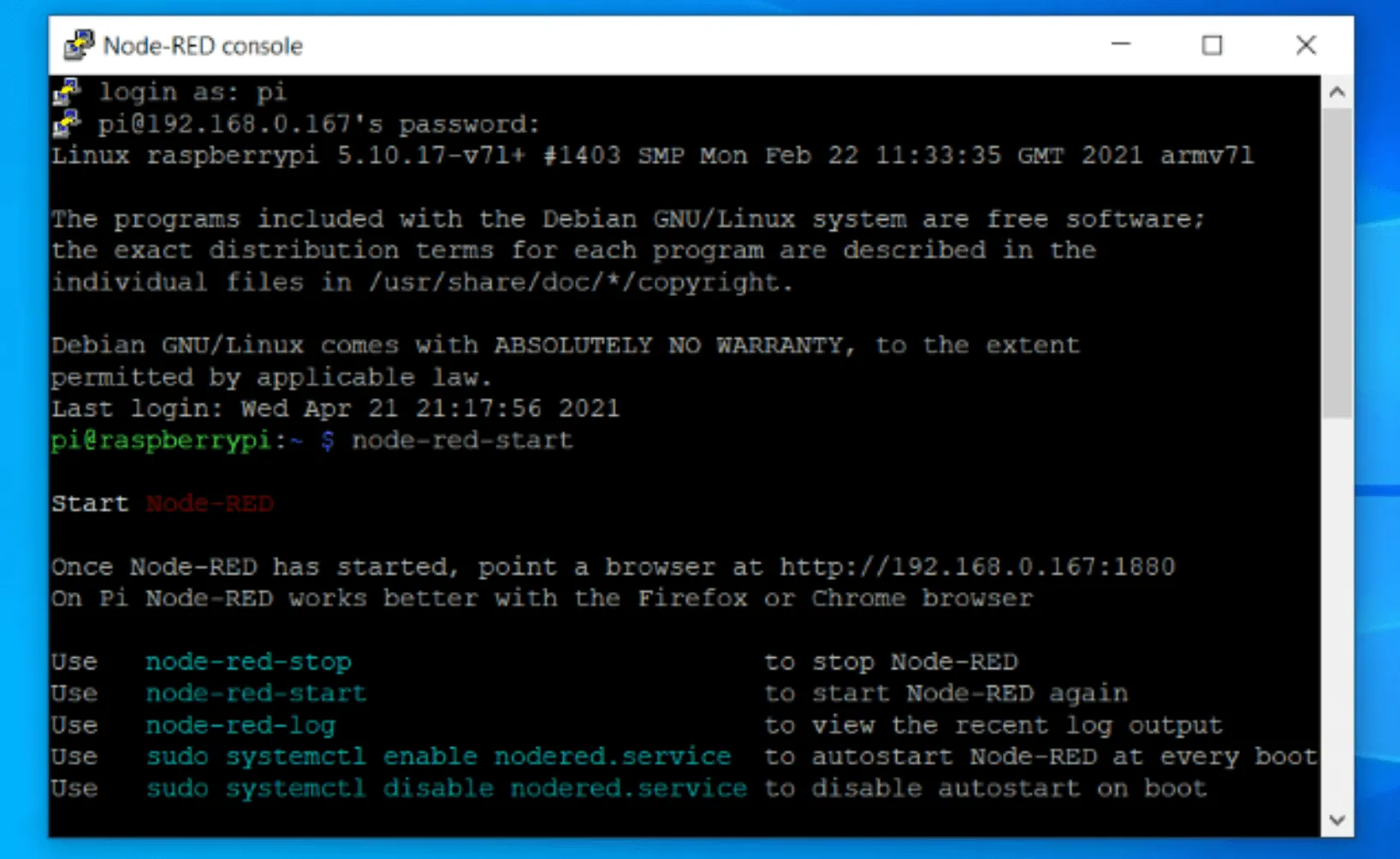 “node-red-start” command on the terminal to start Node-Red