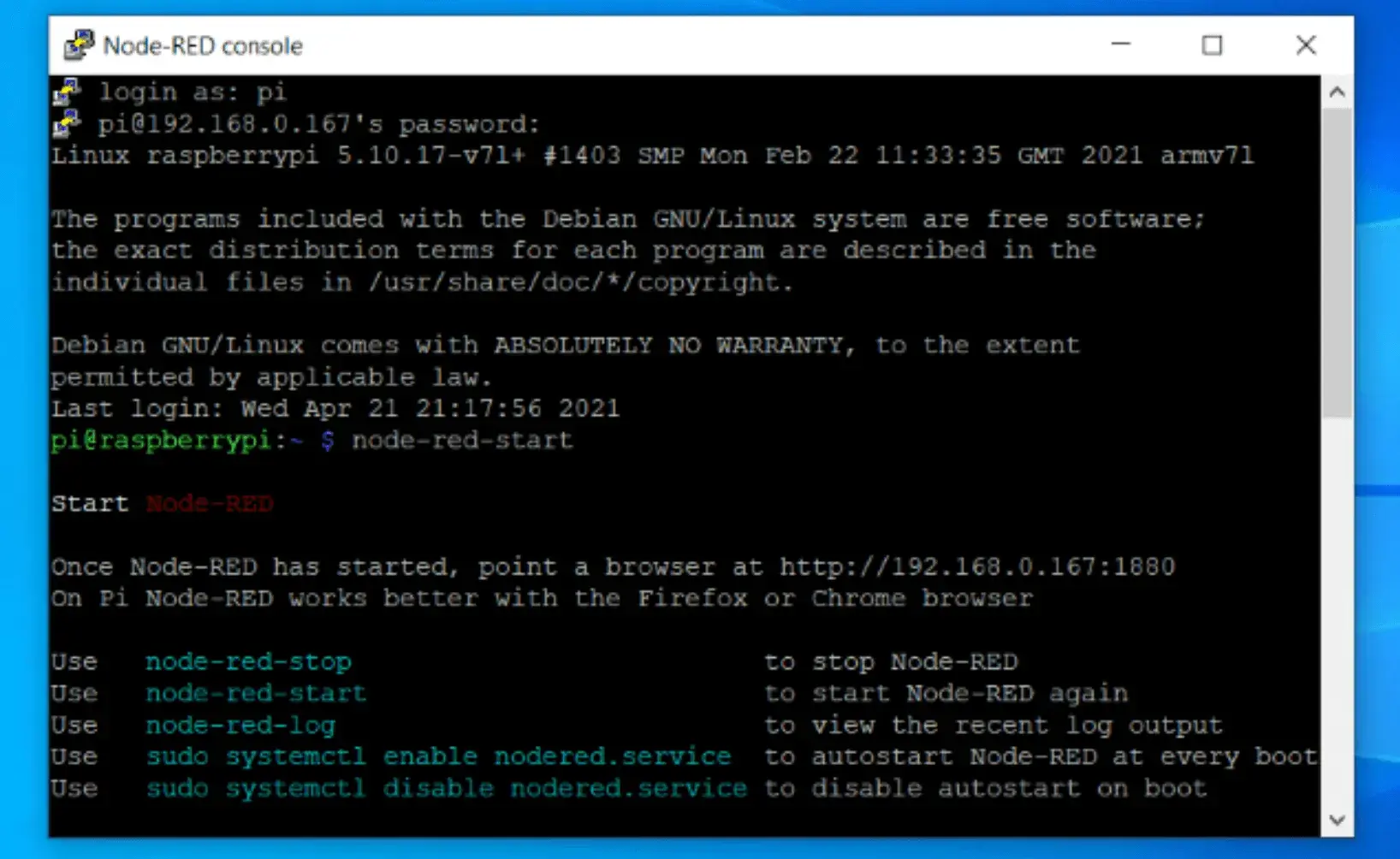 “node-red-start” command on the terminal to start Node-Red