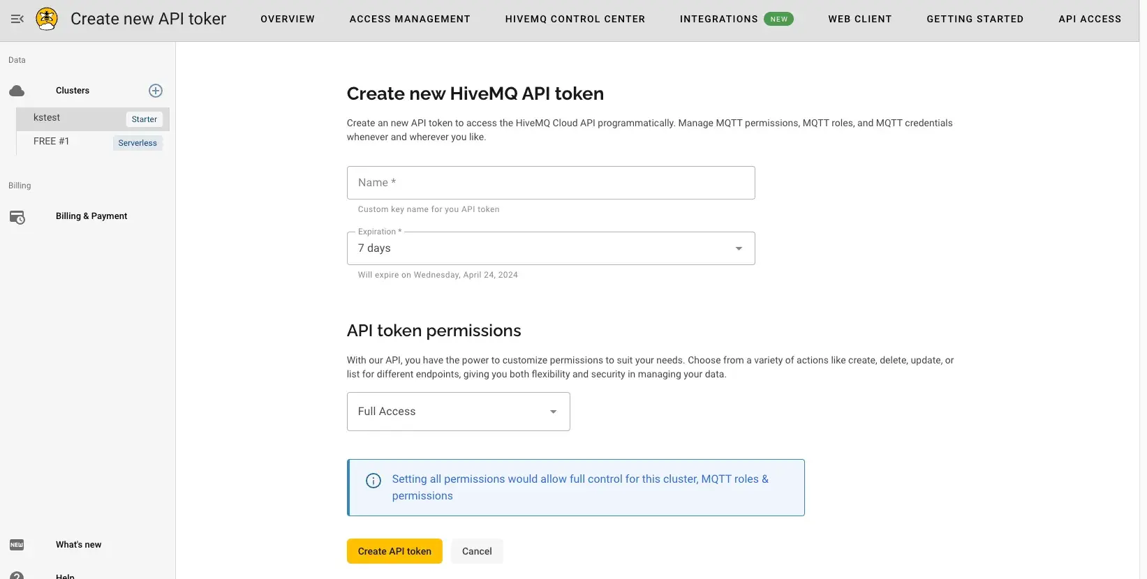 Create a new HiveMQ API token