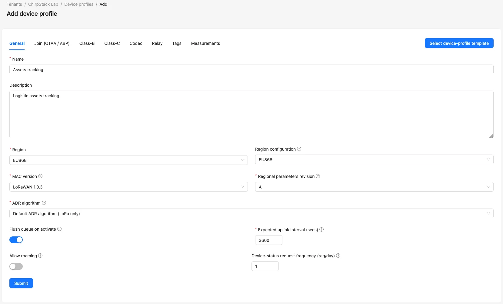 Add Device Profile for Logistic Asset Tracking