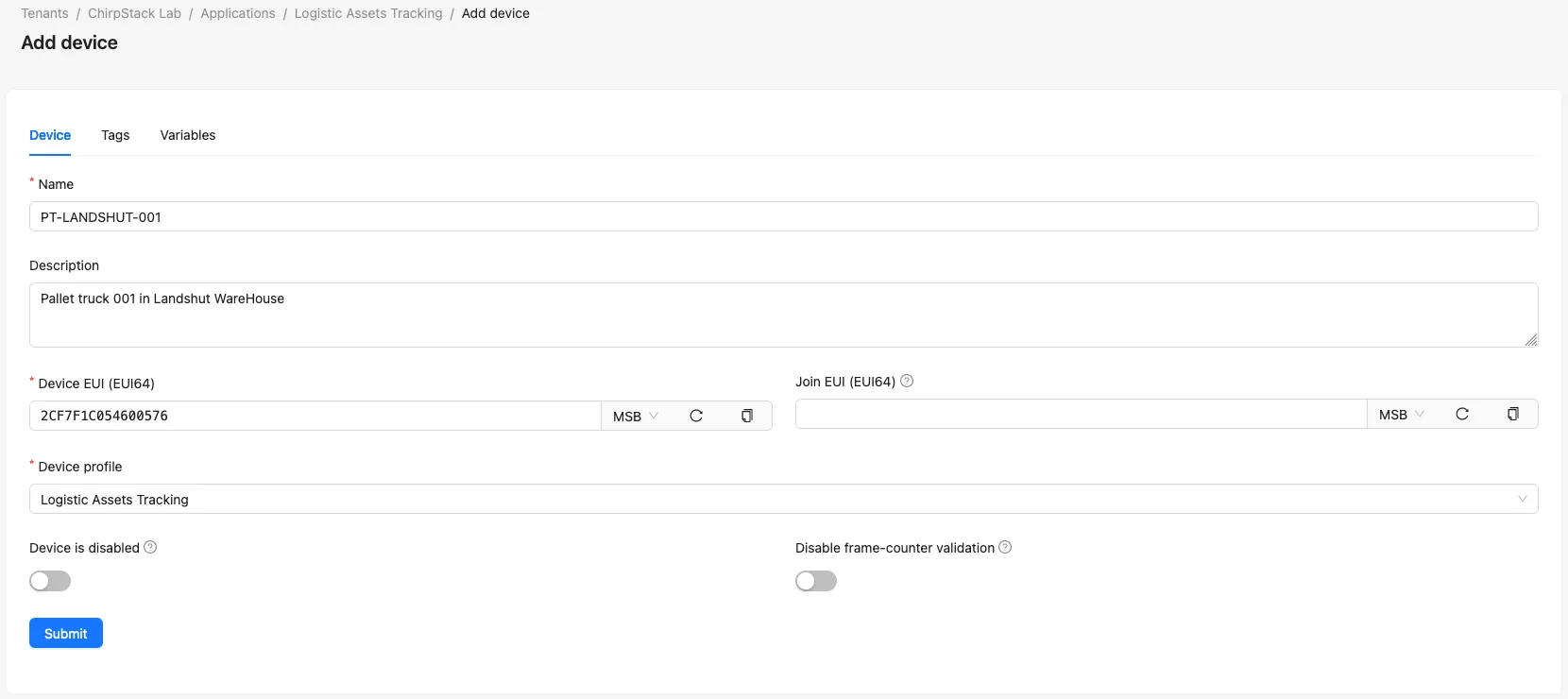 Configure the device by entering a name and the EUI of the tracker