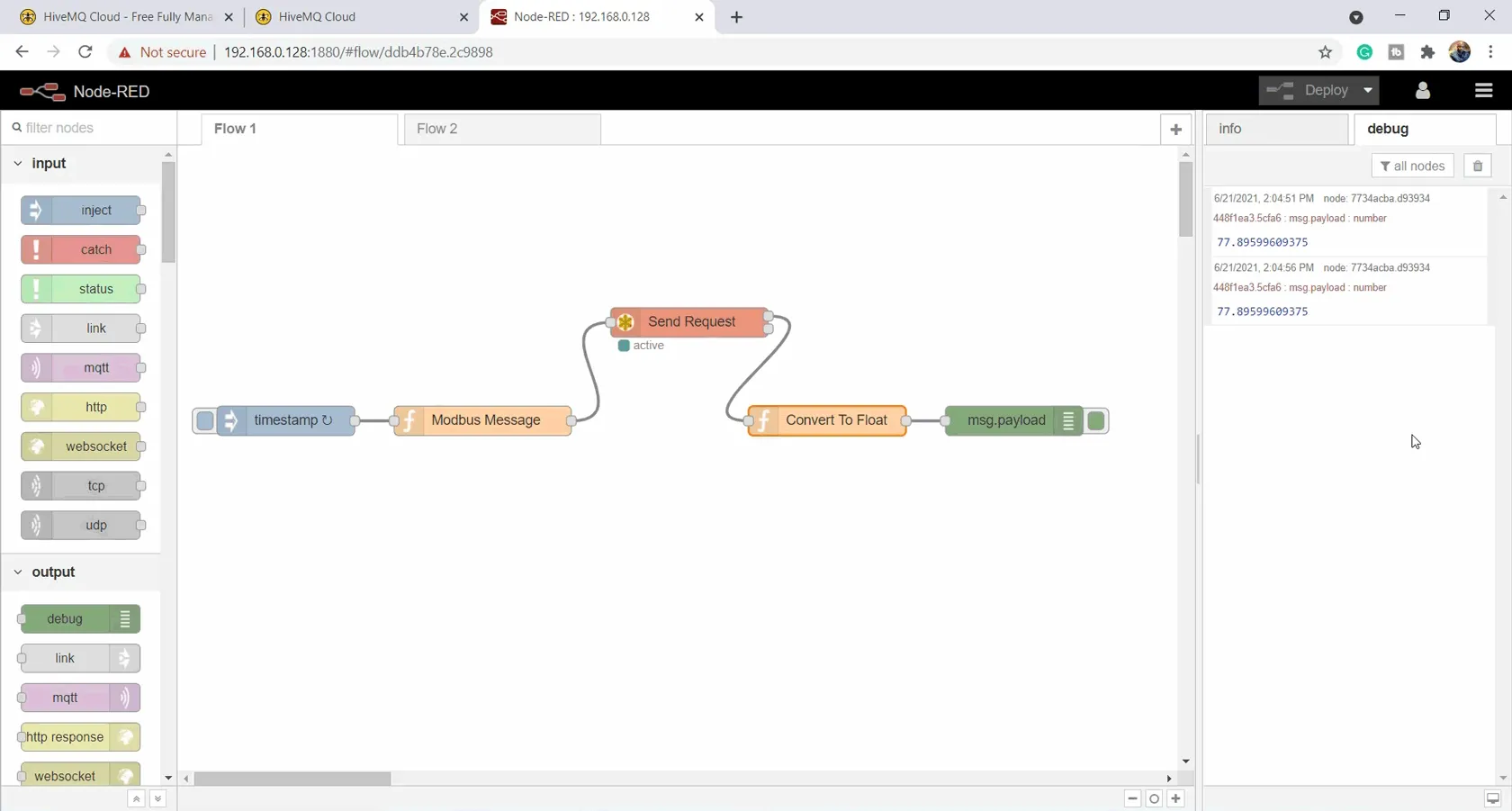 potentiometer value is reading 77.8 in NodeRED